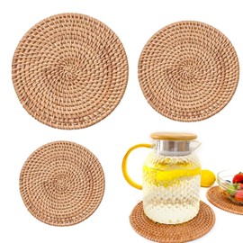 nalaina Trivet, Wisteria Knitting, Heat Resistant Trivet, Set of 3, Pot Mat, Rattan Accessory Place, Hand Knitted, Natural Rattan, Thick, Insulated, Non-Slip, Washable, Suitable for Pot Supplies,