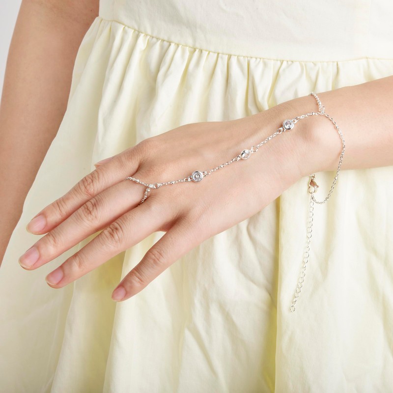 Lansora Hand Chain Bracelet Stainless Steel Finger Ring Bracelet Adjustable