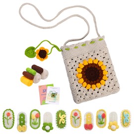 BlueskyInno Crochet Kit for Beginners 2 pcs(Sunflower Bag 1pcs and Green Hairpin 10pcs),Crochet Flowers,Beginner Crochet Kit for Adults, Yarn, Stitch Mark, Step-by-Step Instructions and Video