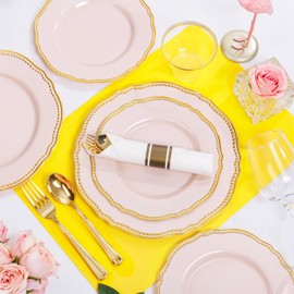 Hioasis 175pcs Pink and Gold Plastic Plates - Pink Plastic Dinnerware Set Includes 25 Dinner Plates, 25 Dessert Dinnerware, 25 Cups, 25 Napkins Perfect for Wedding & Party