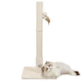 Woochpet Cat Scratching Post with Premium Sisal Rope for Indoor 34in Tall Scratcher Post Tree with Mouse Hole, Hanging Ball for Adult Cats and Kittens White Scratch Tree