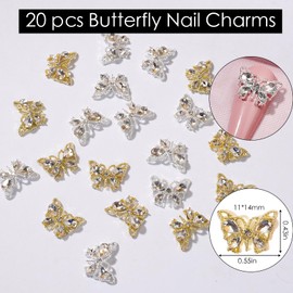 20Pcs Butterfly Nail Charms 3D Luxury Butterfly Nail Gems Gold Silver Butterfly Nail Diamond Shiny Nail Rhinestones for Acrylic Nails Nail Art Supplies Nail Gems for Women Girls Manicure