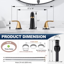 Aleasha Bathroom Sink Faucet 3 Holes Black Gold, Widespread Bathroom Faucet, Washroom Faucets with Pop Up Drain, Washroom Sink Faucets with 304 Stainless Steel Lead-Free Hose