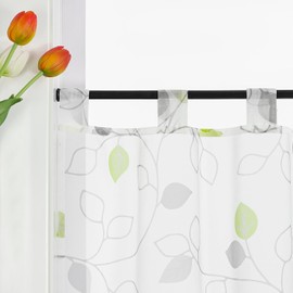 HeichkelL Voile Net Curtain, Bistro Curtain with Leaves, Transparent, Short Curtains, Window Curtain with Loops, Country House Curtain, Green, H x W 45 x 90 cm