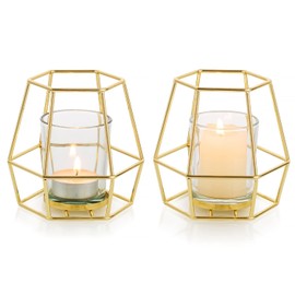 Nuptio Portavelas Geométrico para Velas de Té Oro - Juego de 2 Portavelas de Luz de Té Portavelas para Velas de Pilar Soporte de Velas de Metal Centro de Mesa para Decoración de Boda, Fiesta, Café