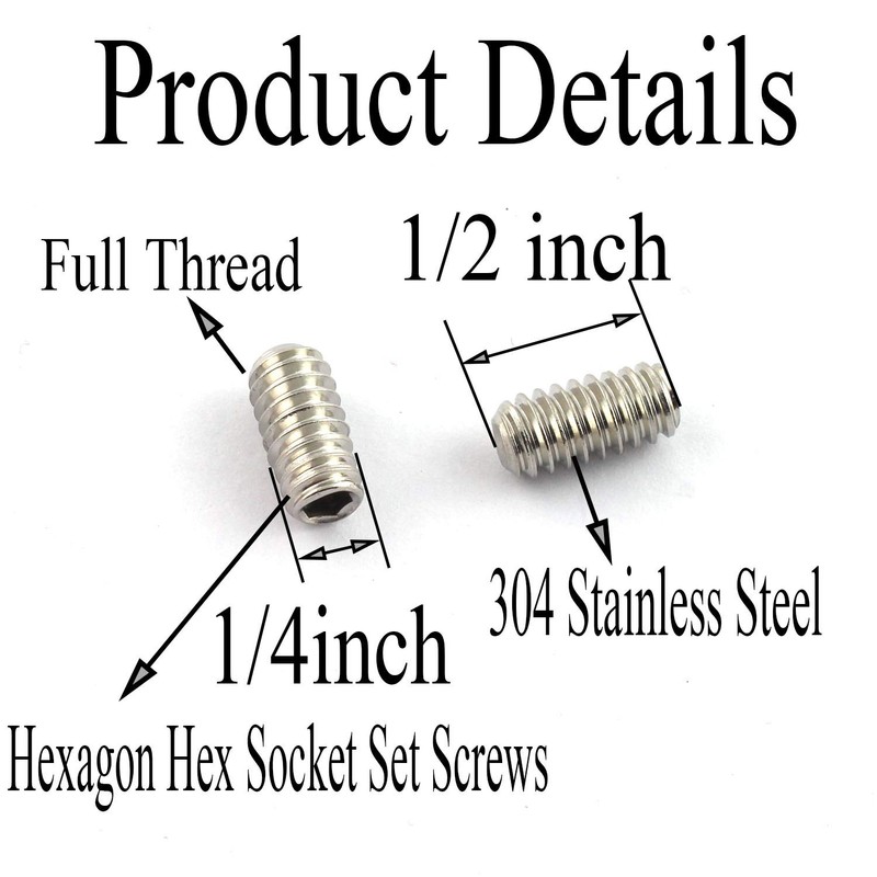 RuiLing 25PCS 1/4-20x1/2" Hexagon Hex Socket Set Screws 304 Stainless