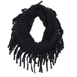 stylesilove Two Tone Womens Winter Warm Mini Tube Infinity Scarf With Fringe (One Size Fits All, Black)