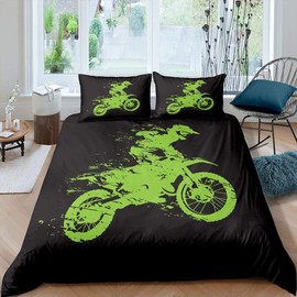 Homemissing Motocross Rider Bedding Set for Girls Boys Children Extreme Sports Theme Comforter Cover Dirt Bike Motorbike Duvet Cover Green Black Bedding & Linen Single Size Bedding 2Pcs
