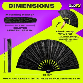 Black Glitter Folding Fan with Holster – Large Handheld Folding Fan with Loud Snap for Festival, Line Dancing, Drag, and Performance – Includes Matching Glitter Belt Holster