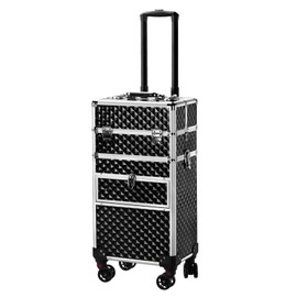 DESIGNSCAPE3D 2-in-1 Professional Makeup Train Case on Wheels – Aluminum Cosmetic Storage with Slide-Out Drawers, Detachable Wheels, Black Diamond Pattern – 13.4" x 9.4" x 28.5"