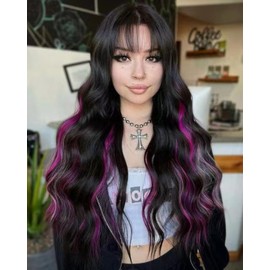 SISIFIRE Black Purple Highlight Long Wavy Wigs for Women Curly Small Lace Front Wig Synthetic Heat Resistant Fiber Middle Part Wigs for Cosplay Party Use