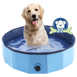 Foldable Dog Bath Swimming Pool Plastic Kiddie Pool Professional Tub Collapsible Grooming Bathtub for Pets Kids Baby and Toddler, 32 x 8 Inches Blue