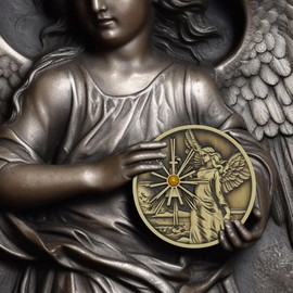 Bronze Guardian Angel Coin Affirmation Gift Token Medallion with Topaz Crystal Gemstone and Angel Prayer on Back