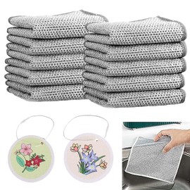 Pack of 10 Stainless Steel Cleaning Cloth Set, Multi-Purpose Wire Tea Towels for Wet and Dry Cleaning, with 2 Sponges, Water Wipes, Stainless Steel Cleaning Cloths