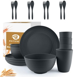 BUSOKIP 20 Pieces Wheat Straw Dinnerware Sets, Lightweight Plates and Bowls Sets, Unbreakable Alternatives Plastic Dinnerware Sets Service for 4, Camping Dishes, Kitchen Essentials (Dark Grey)