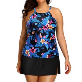 Yonique Women Two Piece Plus Size Tankini with Skirt Tummy Control Bathing Suits High Neck Swimsuits Blue Black Floral 20Plus