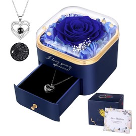 Preserved Blue Real Rose with I Love You Necklace in 100 Languages-Eternal Flowers Rose Gifts for Her Women Mum Wife Girlfriend on Christmas Valentines Day Mothers Day Anniversary Birthday