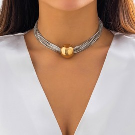 Sora Tuki Chunky Gold Choker Necklace Chunky Silver Necklace for Women Gold Statement Necklace Black Choker Necklace Thick Gold Chunky Necklace Geometric Sphere Necklace (Two Tone)