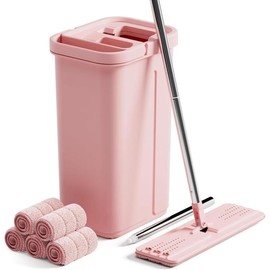 Mop and Bucket with Wringer Set, Flat Squeeze Mop with Bucket (X-Large), Dust Mop for Wall Cleaner with Long Handle, Microfiber Mop - White Bucket with 5 Reusable 15" Pads:_Middle Pink Bucket #13 + 60" Flat Mop + 5 Pads