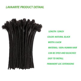 Lavaarite 12 Inch 100% Human Hair Dreadlock Extensions - Permanent Loc Extensions, 0.6cm Width, Natural Black, Full Hand-Made, No Smell, Can Be Dyed & Bleached - 10 Strands (Natural black color)