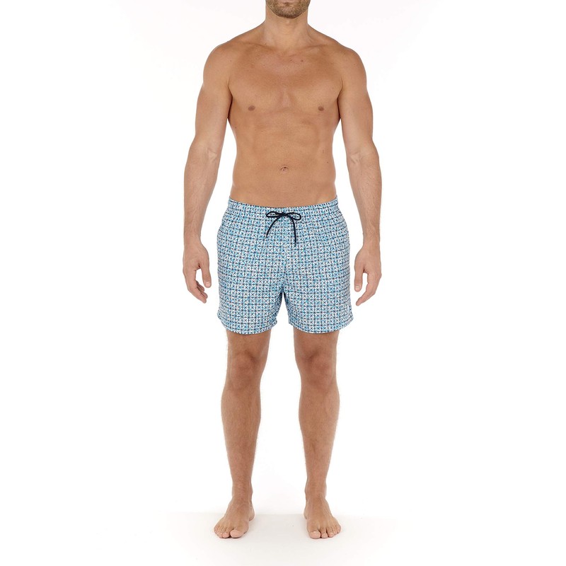 HOM Ausmane Men's Beach Boxer Swimming Trunks, Turquoise print