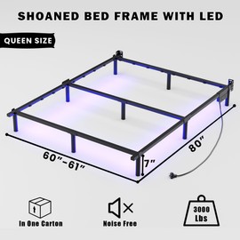 SHOANED Queen Size Bed Frame with LED, 7 Inch Metal Steel Bedframe for Box Spring and Mattress, Heavy Duty Basics Bed Base, Noise Free, Easy Assembly, Black, Adjustable