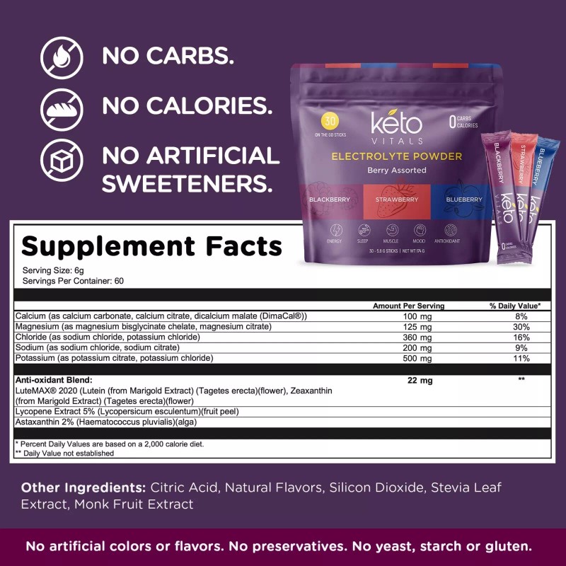 Keto Vitals Berry Antioxidant Electrolyte Powder Stick Packs - 30