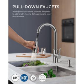 FORIOUS Kitchen Faucet with Soap Dispenser, Brushed Nickel, Single Handle Stainless Steel Transitional Sink Faucet with Pull Down Sprayer 1 or 3 Hole, Suitable for Farmhouse Laundry Camper RV Bar