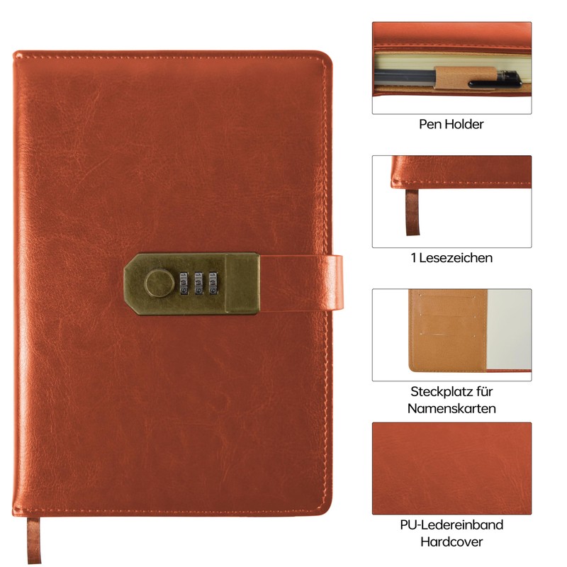 Qefuna Diary with Lock, A5 PU Leather Diary with Code