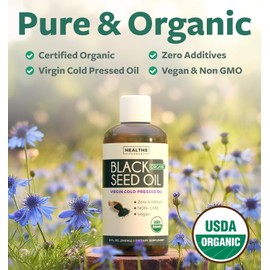 USDA Organic Black Cumin Seed Oil Liquid (8 fl oz) Premium Cold-Pressed Nigella Sativa Producing Pure - Antioxidant Supplement - Vegan, Gluten-Free, & Non-GMO (No Pills or Capsules)