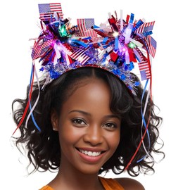 Coridy Light up Independence Day Headbands for Women Sparkling Stars Head Boppers Blue White Red Sequin Hair Accessories (B-Flag)