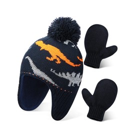 SATINIOR Baby Knitted Winter Hat and Gloves Set, Toddler Knit Snow Lined Hat and Gloves for 1-2 Years Old Girls Boys (Black), Small-Medium