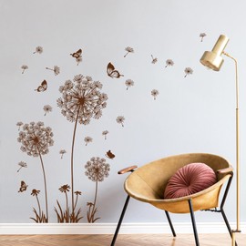 Tanlaby Dandelion Wall Sticker Flowers Wall Sticker Dandelion Butterflies Wall Sticker for Living Room Bedroom Offices Sofa Background Home Wall Decoration (Brown)