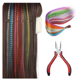 Synthetic Hair Extension Kits, Wanfoou 50 Pieces Synthetic Feather Hair Extension Colored Synthetic Hair Feather 13 Colors Colorful False Hair Extension Straight Hair Feather with Pliers, Hook, 100 Beads