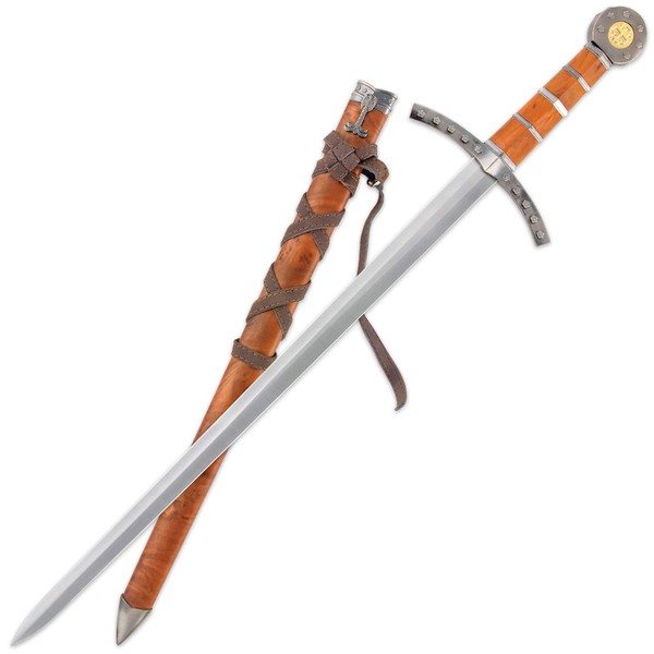 Tomahawk Middle Ages Medieval Broad Sword and Matching Faux Brown Wood Scabbard with Faux Leather Wrapping - 17" Stainless Steel Blade