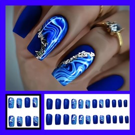 Blue Ripples with Glitter Designs Fake Nails Short Square Press on Nails Full Cover Glossy Acrylic Nails Glue on Nails Cute Stick on Nails for Women Girls 24Pcs