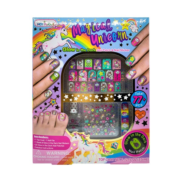 Hot Focus Unicorn Nail Stickers Glow in The Dark Nail Polish +77 Pcs - Nail Polish Stickers Unicorn and Rainbow Set, Nail Stickers, Nail Polish and Nail File - Non-Toxic Water Based Polish