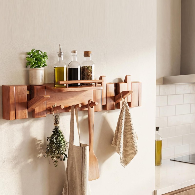 Mid Century Modern Wood Coat Rack Wall Mount with Shelf,