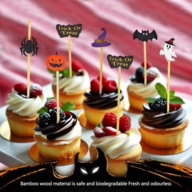 SHSMPXOY 100 PCS Halloween Cocktail Sticks, Wooden Skewers with Ghosts Bats Spiders Pumpkin Ornament, Bamboo Appetizer Fruit Finger Food Drinks Picks, Creepy Halloween Spoof Party Decoration Supplies
