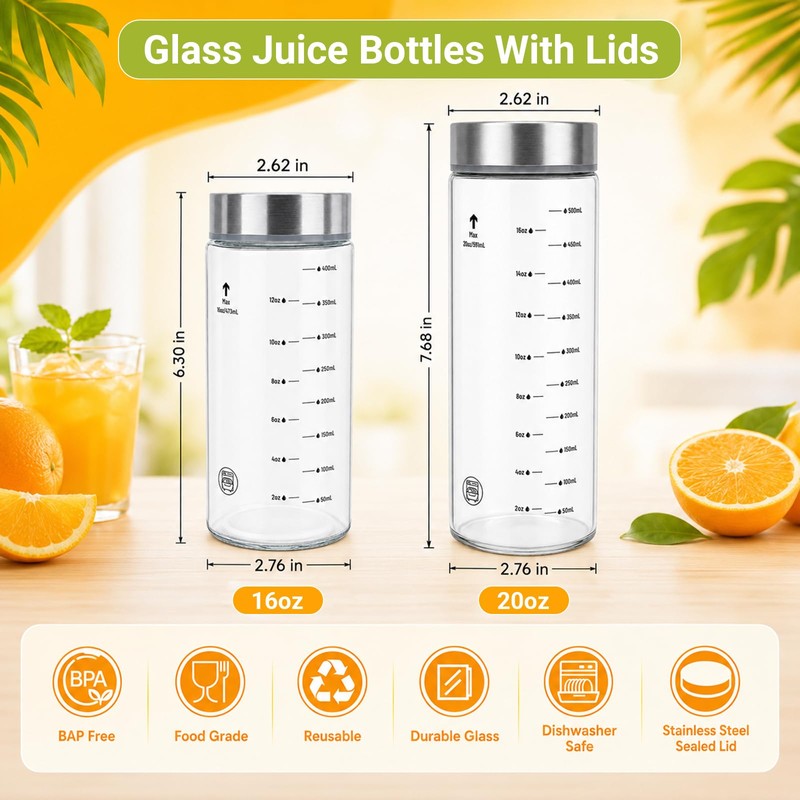 Luxgola 20oz Reusable Glass Juice Bottles with Lids, Wide Mouth,