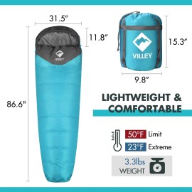 VILLEY Mummy Sleeping Bag, Lightweight Backpacking Sleeping Bag for Adults & Kids, C...