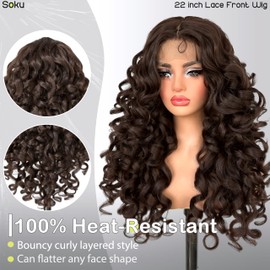 SOKU Long Curly Brown Wig, 22 Inch Glueless 13x4x1 HD Lace Front Wigs for Black Women Pre-Plucked Hairline with Baby Hair Lightweight Synthetic Curly Layered Hair Wigs(Dark Brown)