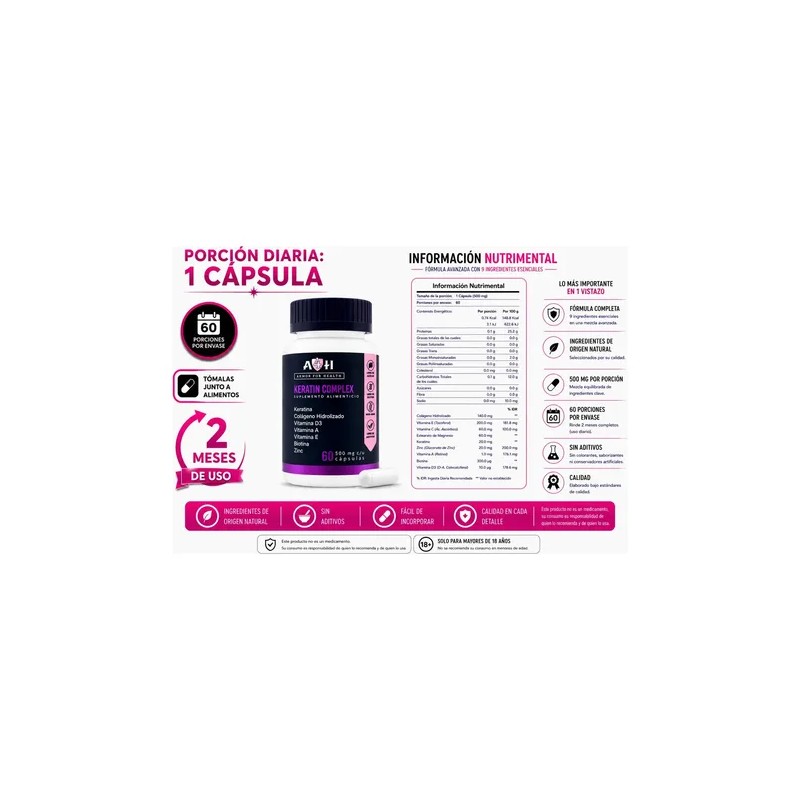 Suplemento Nutricional Keratina Colágeno Vitamina D3 60 Cápsulas A4H