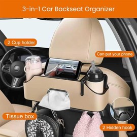 Organizador 3 en 1 para asiento trasero de coche, multifuncional, universal, con caja de pañuelos y almacenamiento (Negro)