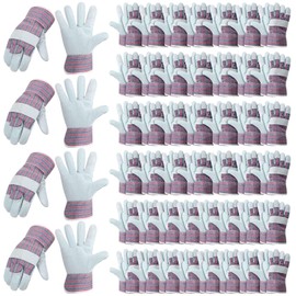 Jiuguva 48 Pairs Leather and Cotton Work Gloves Bulk Gardening Gloves for Men Women Padded Heavy Duty Gloves with Reinforced Palms and Safety Cuff for Landscaping Construction Working, Red and Blue