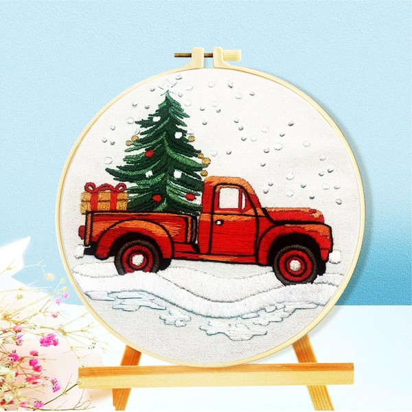Zhenqing Christmas Tree & Red Truck Embroidery Kit - 29x29cm