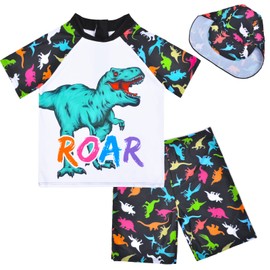 PAMAID Boys Two Piece Rash Guard Swimsuits Kids Short Sleeve Swimwear Sets Bathing Suit with Sun Hat for 2-6 Years Black