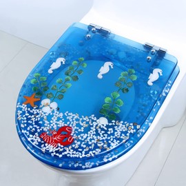 Resin Toilet Seat, Round Soft Close Quick Release 3D Effects Heavy Duty Toilet Seats with Blue Fish Seashells Cover, Acrylic Seats Ocean Series 17 Inch
