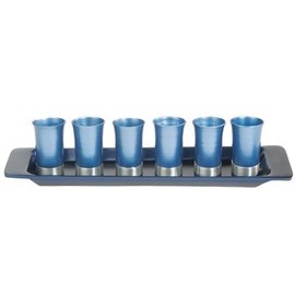 Yair Emanuel Anodized Aluminum Set of 6 Small Kiddush Cups with Tray - Light Blue