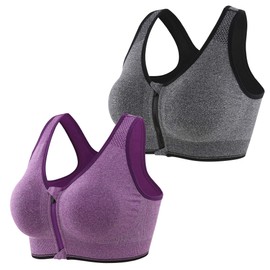 CLOUSPO Sports Bra Post Surgery Bra Zip Front Wireless with Removable Pads Yoga Bra for Workout Fitness(S,Grey+Purple)